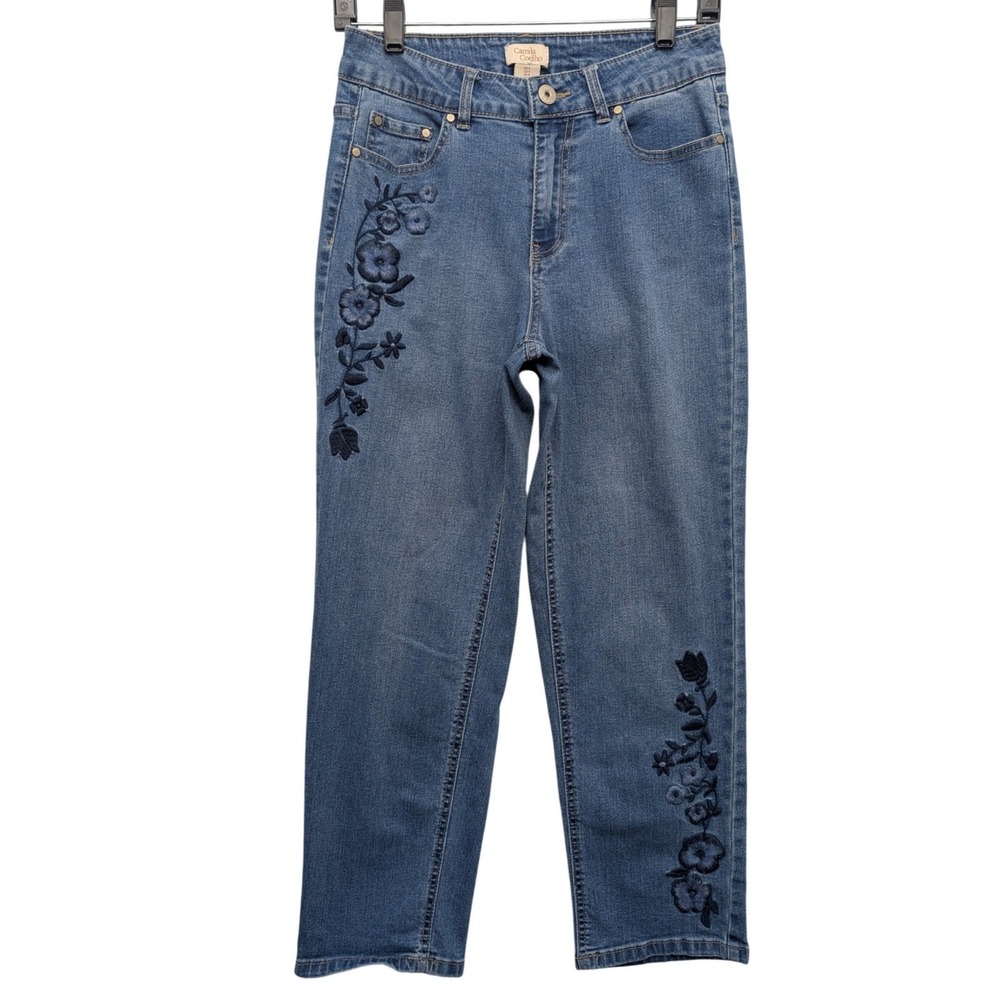 Camila Coelho Straight Leg Jeans Women 4 Blue Floral Embroidered High Rise
